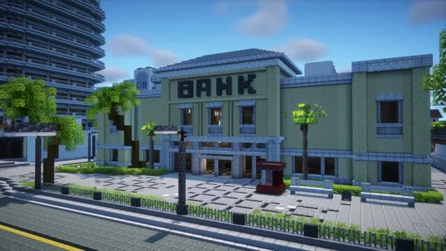 La banque de Montello City, son enseigne BANK et son perron, dans une rue plantée d’arbres