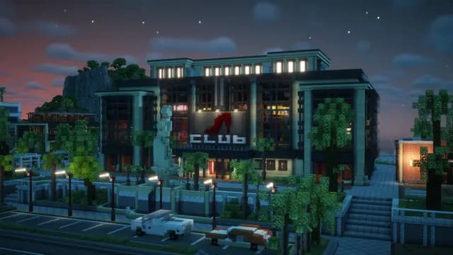 Le club de Montello City et son enseigne néon rouge, à la tombée de la nuit