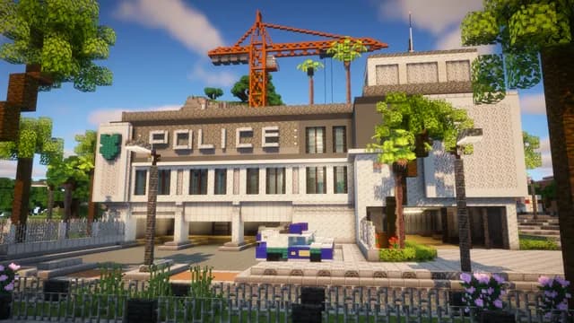 Le commissariat central de Montello City, son enseigne POLICE et son parvis planté