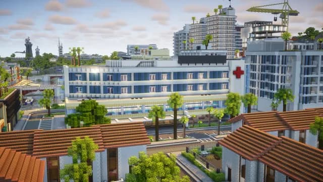 L’hôpital de Montello City et sa croix rouge, au bord de la mer, entouré de palmiers
