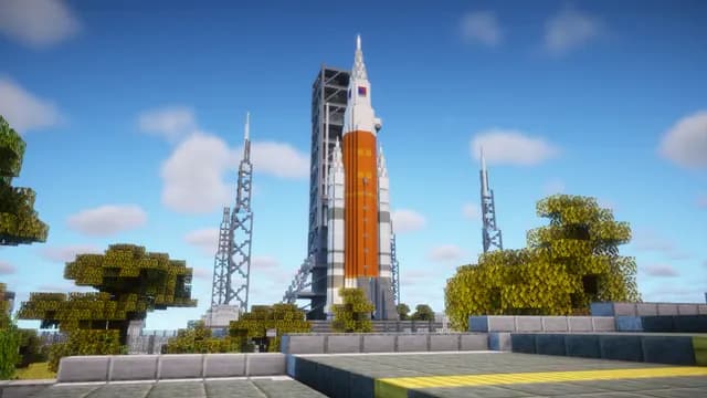 La fusée orange et blanche du spatioport, dressée sur son pas de tir entre deux pylônes